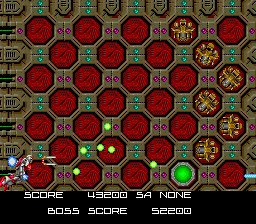 BlaZeon (SNES) screenshot: The first boss can move its turrets between any panel, but it is a cakewalk compared to what's still to come.
