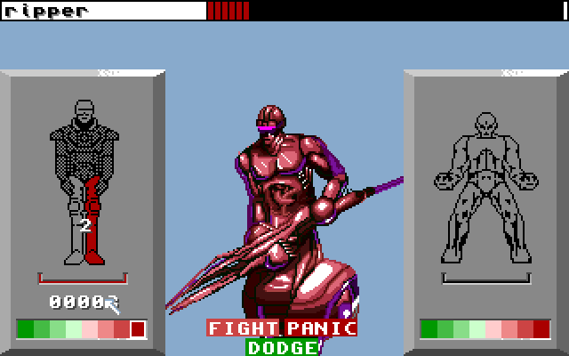 Alien Fires: 2199 AD (Amiga) screenshot: In combat with armor and weapon equipped