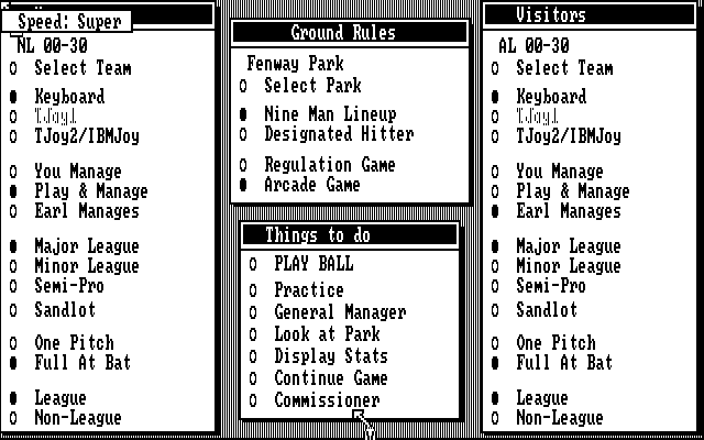 Earl Weaver Baseball (DOS) screenshot: Game Menu (CGA / Original version 1.0)