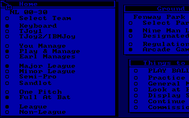 Earl Weaver Baseball (DOS) screenshot: Game Menu (Tandy / Original version 1.0)