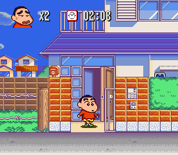 Crayon Shin-chan: Arashi o Yobu Enji (SNES) screenshot: Entering a house