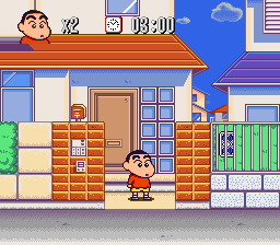 Crayon Shin-chan: Arashi o Yobu Enji (SNES) screenshot: Starting outside the house