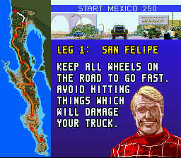 Super Off Road: The Baja (SNES) screenshot: Selected a race. Ivan Stewart is still game!