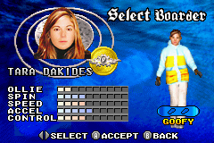 Shaun Palmer's Pro Snowboarder (Game Boy Advance) screenshot: Selecting a boarder in career mode