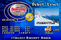 Shaun Palmer's Pro Snowboarder (Game Boy Advance) screenshot: Choosing a level
