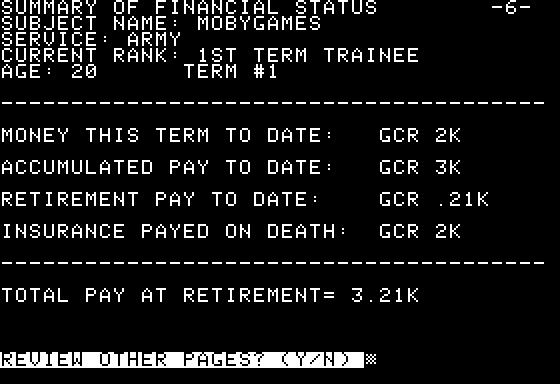 Space (Apple II) screenshot: Financial status