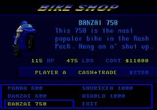 Road Rash II (Genesis) screenshot: Several bikes are available