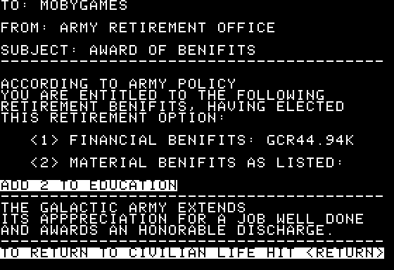Space (Apple II) screenshot: Retired with a material reward