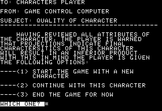 Space (Apple II) screenshot: The game lets the player know that their character is inadequate