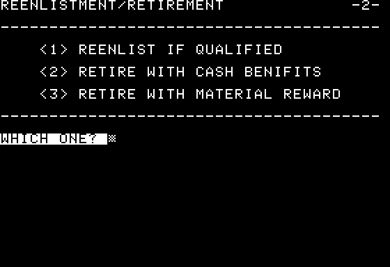 Space (Apple II) screenshot: After 4 years of service the player is given the choice to reenlist or retire