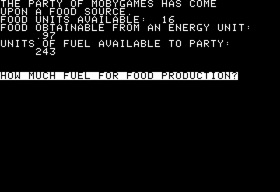 Space (Apple II) screenshot: Food and fuel are linked to each other