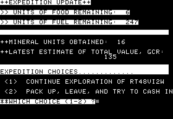 Space (Apple II) screenshot: Exploration update