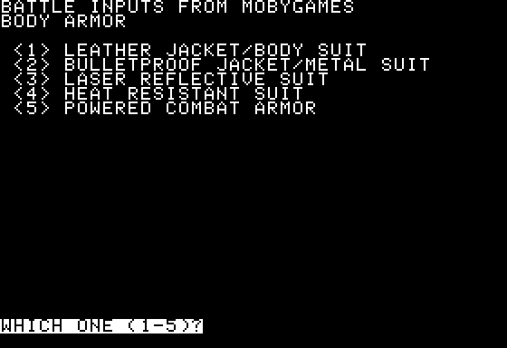 Space (Apple II) screenshot: Choose armor