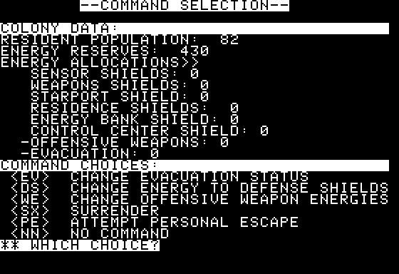 Space (Apple II) screenshot: Choose a command