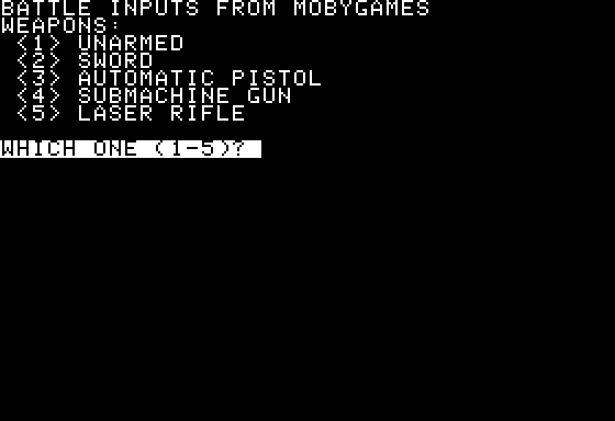 Space (Apple II) screenshot: Choose a weapon