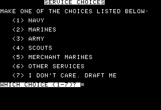 Space (Apple II) screenshot: Choose a military branch to join