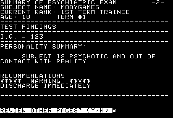 Space (Apple II) screenshot: The psychiatric exam deems me a psychotic
