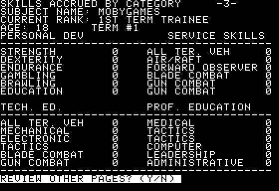 Space (Apple II) screenshot: The character's skills