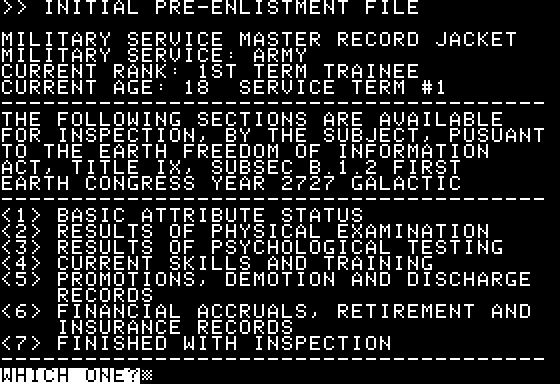 Space (Apple II) screenshot: This menu lets the player get all the information on their character