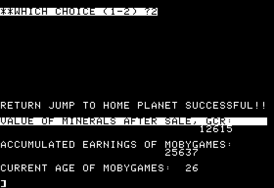 Space (Apple II) screenshot: Made it back home successfully