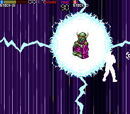 Riot (Arcade) screenshot: Each end boss fight starts with transporting to another dimension