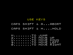 Hunchback II: Quasimodo's Revenge (ZX Spectrum) screenshot: After you press 1 to play by keyboard you get a handy reminder of the action keys. If you've redefined these keys then this screen shows the changed settings