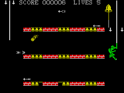 Hunchback II: Quasimodo's Revenge (ZX Spectrum) screenshot: Interesting way to climb a rope. Note how the bells on the lower level have fallen away. Eventually they will all go leaving a hole behind.