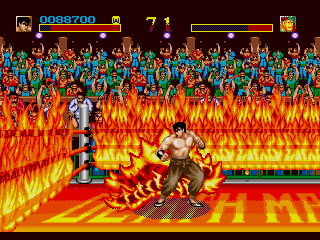 World Heroes (Genesis) screenshot: The burning fence is not just for decoration, you know.
