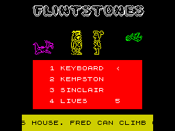 Yabba Dabba Doo! (ZX Spectrum) screenshot: here the red box is showing the game menu and the yellow box is explaining what Fred has to do