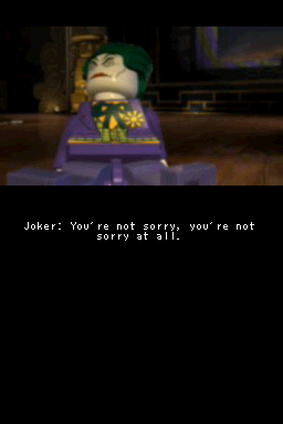 LEGO Batman 2: DC Super Heroes (Nintendo DS) screenshot: The Joker doesn't look at best pleased though...after being foiled numerous times by the Dynamic Duo, what do you expect?