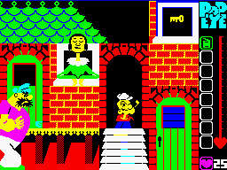Popeye (ZX Spectrum) screenshot: Look! Popeye can go behind things, in this case behind the steps which is not a lot of use but still looks cool. Bluto takes a life off Popeye whenever they meet so avoid him