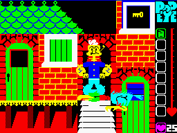 Popeye (ZX Spectrum) screenshot: This is the start of the game. that bird flies in front of us. The status bar shows 1 tin of spinach, or one life. The characters are much bigger than usual as you can see.