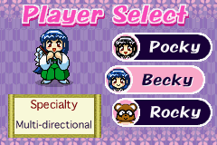 Pocky & Rocky with Becky (Game Boy Advance) screenshot: Choosing a character