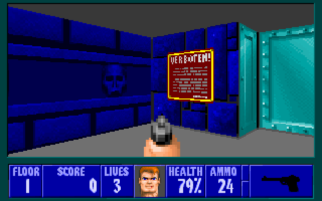 Wolfenstein 3D (PC-98) screenshot: Some signs in German. "Verboten" means "forbidden". English and German languages are closely related, you know