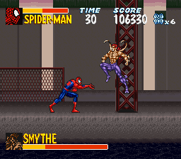 The Amazing Spider-Man: Lethal Foes (SNES) screenshot: With all these Spider-Slayers wandering around Smythe was bound to show up sooner or later.