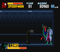 The Amazing Spider-Man: Lethal Foes (SNES) screenshot: The Lizard will wrap you up if you get too close to him.