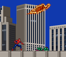 The Amazing Spider-Man: Lethal Foes (SNES) screenshot: Hey Johnny. You out saving the city too?