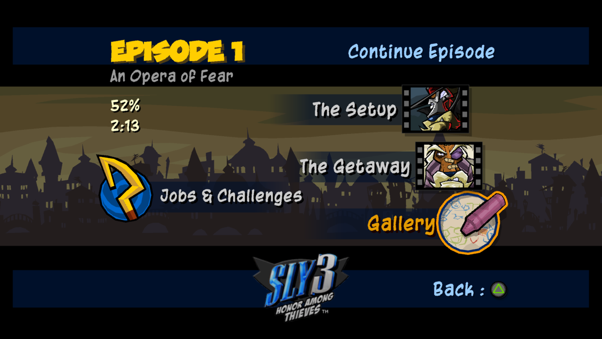 Sly 3: Honor Among Thieves (PlayStation 3) screenshot: Episode menu: play any mission or challenge, watch FMVs, browse unlockable art