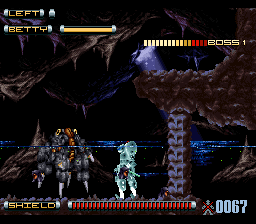 Genocide 2 (SNES) screenshot: Stage 3's boss will fire missiles or retract its legs and roll around like a boulder.