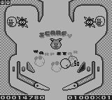 Kirby's Pinball Land (Game Boy) screenshot: Each table is divided into several sections which each fill one screen and have their own pair of flippers