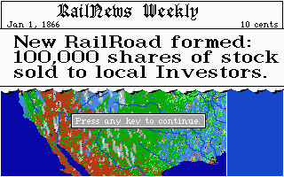 Sid Meier's Railroad Tycoon (Atari ST) screenshot: New railroad formed! Start of the game in the Western US map.