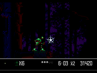Vectorman 2 (Genesis) screenshot: Level 3 is a dark forest. Some enemies change Vectorman's colour when they hit him.