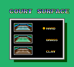 Final Match Tennis (TurboGrafx-16) screenshot: Selecting the surface for the training