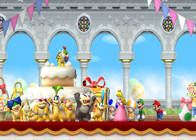New Super Mario Bros. Wii (Wii) screenshot: And wad'ya know, the other half of the plot is bad guys jump out of the cake and kidnap Princess Peach.