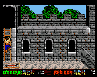 Skull & Crossbones (Amiga) screenshot: Climbing up a ladder.