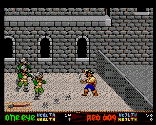Skull & Crossbones (Amiga) screenshot: Fighting in a fort.