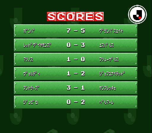 Virtual Soccer (SNES) screenshot: Scores.