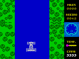 Mad Cars (ZX Spectrum) screenshot: In demo mode : traveling through the countryside
