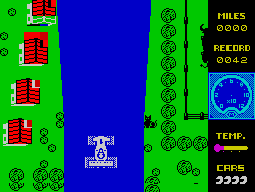 Mad Cars (ZX Spectrum) screenshot: In demo mode : More scenery and the road widens