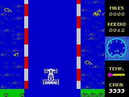 Mad Cars (ZX Spectrum) screenshot: In demo mode - now we're going over water